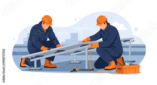 Two construction workers installing solar panels on a rooftop.