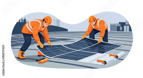 Two construction workers installing solar panels on a rooftop.