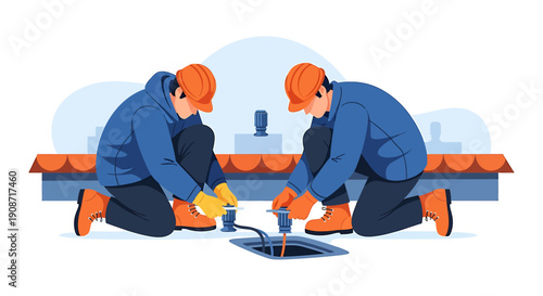 Two construction workers performing roof repairs on a building.