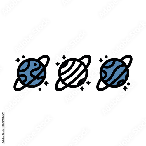 Three cartoon planets with rings in space illustration