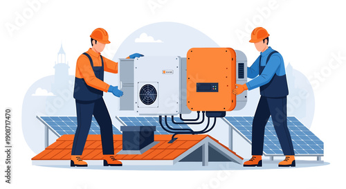 Two technicians installing solar panel inverter equipment on rooftop.