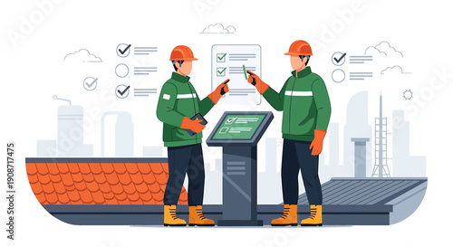 Two construction workers reviewing a checklist on a digital screen.