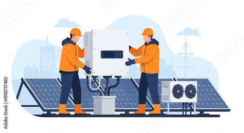 Two technicians installing solar panel inverter equipment outdoors.