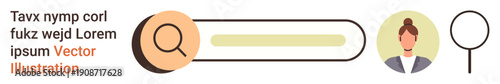 Web design, personal profile, user interface, online search, identification tools, modern applications. Search bar with magnifying glass icon and profile avatar. Online search and web design concept