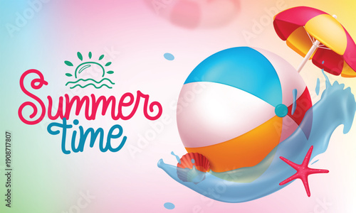 Hello summer greeting vector background design with ball, sea shell, umbrella, starfish and water splash beach elements decoration in colorful background. Vector illustration

