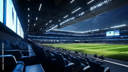 Empty stadium with green field and seats.