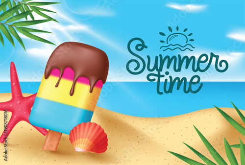 Summer time text vector design. Summer time greeting text beach time with popsicle, starfish, sea shell and palm leaves elements in beach seaside background. Vector illustration summer time greeting

