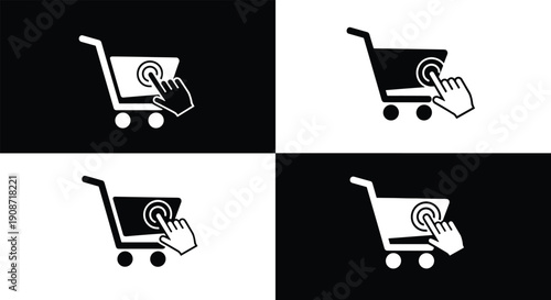 Vector illustration of shopping cart click icons in black-and-white minimalist design symbolizing e-commerce, online shopping, purchase, and digital retail