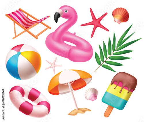 Summer beach elements icon clipart set. Summer tropical element clip art collection with colorful objects like beach chair, floaters, sea shell, starfish, umbrella and ice cream. Vector illustration.
