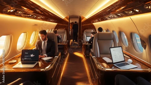 Businessmen working on private jet interior.