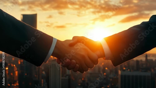 Business partners shaking hands at sunset.