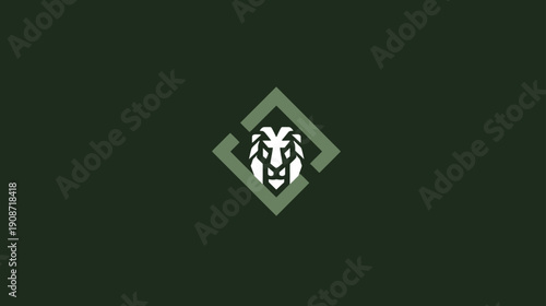 Powerful abstract lion head icon in a geometric green diamond frame on a dark forest green background, modern animal symbol.