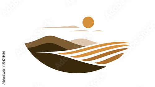 Minimalist vector illustration of rolling agricultural fields under a warm sun, representing sustainable farming and natural landscapes.