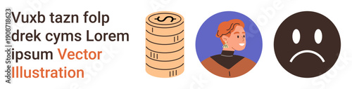 Finance, emotional health, economic stability, savings, human connection, business decisions. Stack of coins, a woman s profile and a sad face icon. Finance and emotional health concept