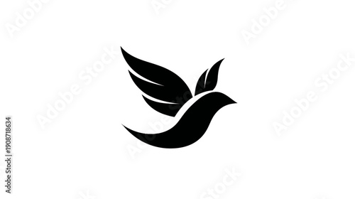Stylized black bird flying icon on white background, abstract vector logo design element for nature, freedom, peace, and spiritual concepts.