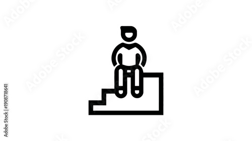 Simple outline icon of a person sitting on steps, symbolizing progress, achievement, rest, or hierarchical position.