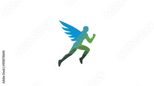 Dynamic gradient winged runner silhouette illustration. Human figure symbolizing speed, freedom, healthy lifestyle, progress, and inspiration.