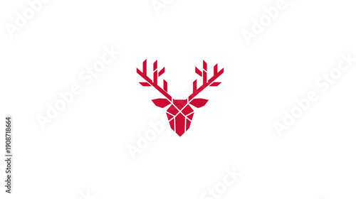 Vibrant red geometric deer head with polygonal antlers. Abstract modern stag icon or logo concept on clean white background.