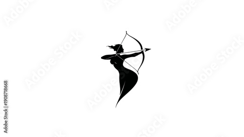Dynamic black silhouette of a female archer aiming a bow and arrow, symbolizing strength, focus, precision, and skill.