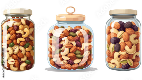 3 transparent glass jar filled with assorted dried fruits, isolated transparent background, editable vector artwork ai illustration file, healthy snack jars, premium dried fruit design