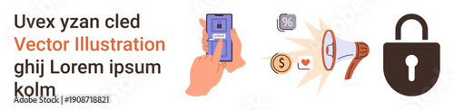 Online communication, mobile payment security, digital marketing, financial technology, data protection, and e-commerce. Elements of phone, lock and megaphone. Mobile payment security and online