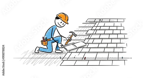 Cartoon Roofer Installing Shingles on a House Roof with Tools.