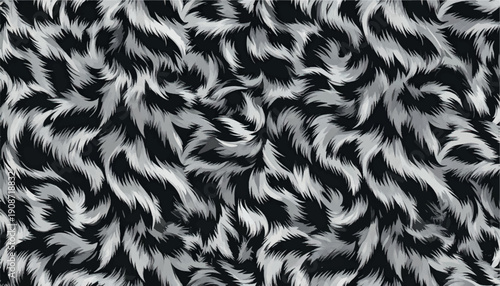 Seamless black and grey abstract fur pattern with dynamic flowing hair textures. Modern animal-inspired design for fashion fabrics, textile prints, wallpapers, packaging, contemporary surface designs.