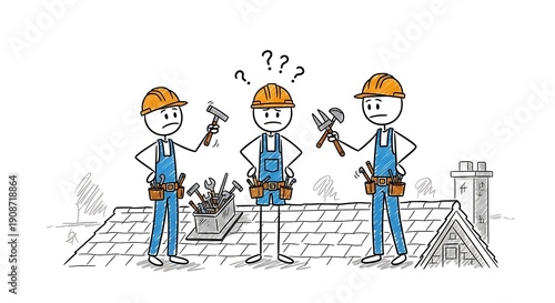 Confused Construction Workers on Rooftop with Tools.