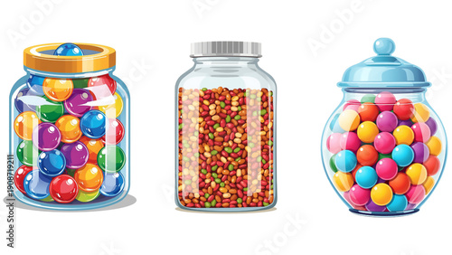 3 transparent glass jar filled with colorful candy, isolated transparent background, editable vector artwork ai illustration file, vibrant sweet treat jars, fun candy design