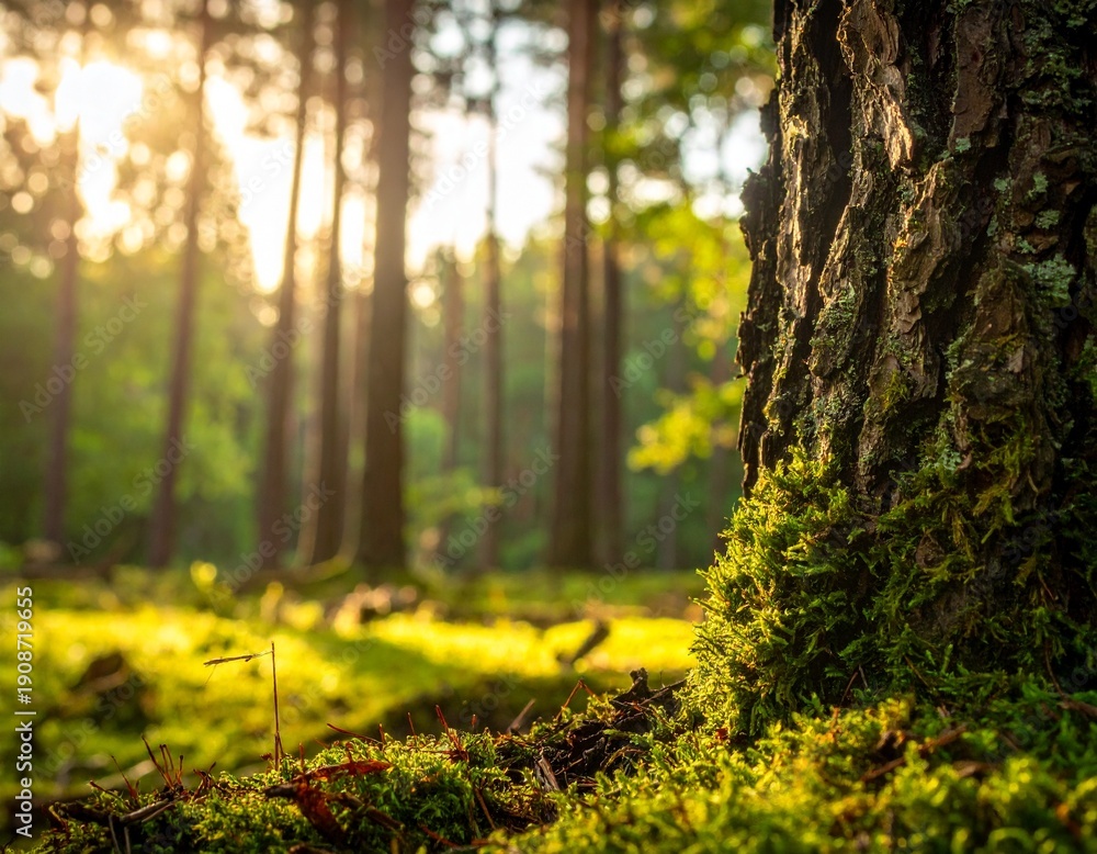 Obraz premium Macro of tree bark with moss and shelf mushrooms in a sunny forest