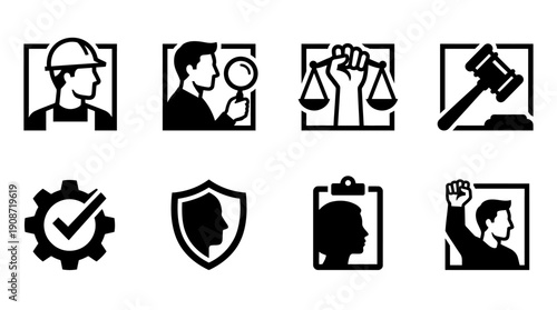 Collection of Icons Representing Work, Justice, Protection, and Advocacy