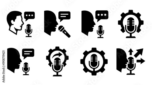 Audio Recording and Voice Communication Icons Microphone, Speech Bubbles, and Gears