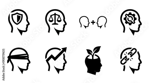 Set of Icons Representing Concepts Related to Mind, Intelligence, and Knowledge