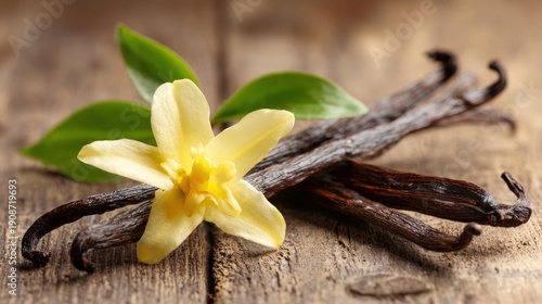 Yellow vanilla flower with green leaves beside dried vanilla pods on a rustic wooden surface, showcasing natural culinary ingredients