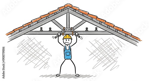 Stick figure construction worker installing roof truss with tools.