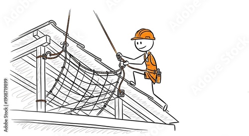 Stick figure construction worker installing safety net on roof.