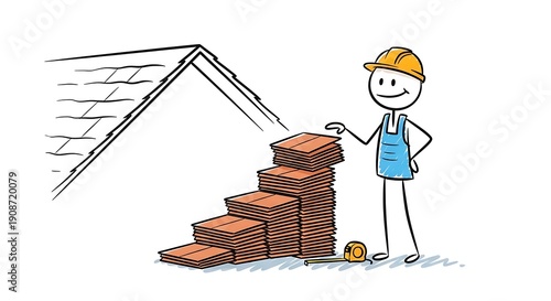 Stick Figure Roofer Building a Stack of Tiles on a Roof.