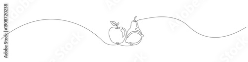 Minimalist fruit set one line drawing, single line illustration of an apple and pear, continuous line art pack with cohesive linear concept and consistent stroke weight in a unified style.