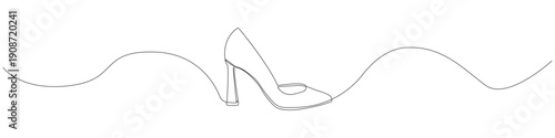 Elegant one line drawing of a high heel stiletto shoe, continuous line illustration featuring a minimalist fashion silhouette with an unbroken linear form and smooth flowing line.