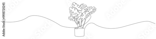 Minimalist one line drawing of a potted monstera deliciosa plant, continuous line art featuring tropical swiss cheese plant leaves with an unbroken linear form and clean contour.