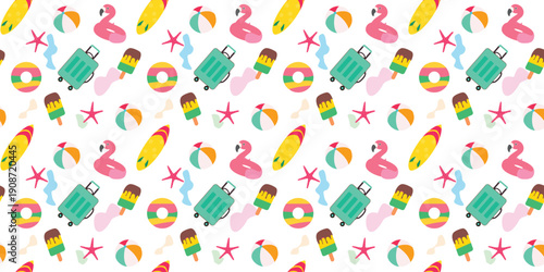 Summer elements seamless clipart set. Summer drawing and outline elements clip art collection. Summer continuous background vector illustration.

