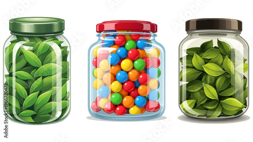 tr3 transparent glass jars filled with green tea leaves and colorful candy, isolated transparent background, editable vector artwork ai illustration file, healthy and sweet jar set design