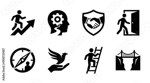 Set of business icons representing success, growth, security, opportunity, and guidance