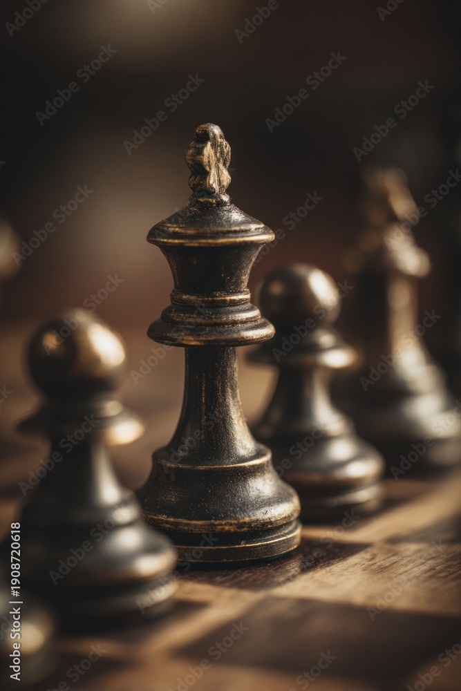 Fototapeta premium Black chess pieces arranged on a wooden chessboard with a focus on the king piece in the foreground, creating a strategic game setting