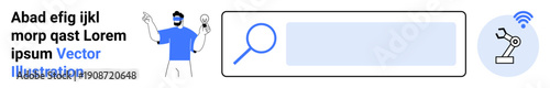 Technology, automation, robotics, search functionality, artificial intelligence, digital systems. A robot arm with a wireless symbol and a magnifying glass. Technology and automation