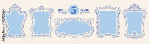 Frame in art nouveau style. Border for mirror picture photo. Vector vintage decorative ornament. Doodle frame bg. Painting oval floral shape. Victorian whimsical border pattern. Gallery invitation set