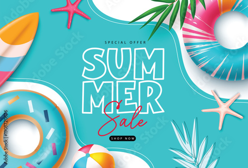 Summer sale clip art with colorful floaters, surf board, starfish, beachball and palm leaf elements in colorful abstract background collection vector illustration. Vector illustration.

