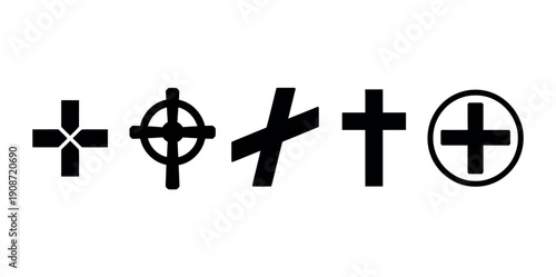 A set of five unique black cross symbols on a white background