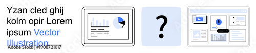 Data analysis, decision-making, uncertainty, information gaps, business strategy, technology tools. Bar and pie chart, question mark and interface screens. Data analysis and uncertainty concept