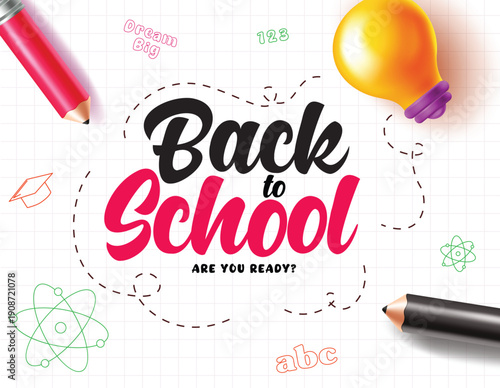 Back to school greeting clipart poster. Back to school greeting in paper grid pattern background with colorful educational items clip art vector illustration.

